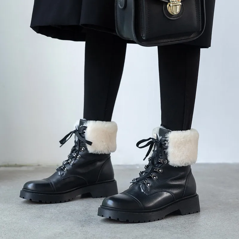 

ASUMER 2021 full genuine leather shoes women ankle boots warm thick fur winter boots lace up low heels casual snow boots women