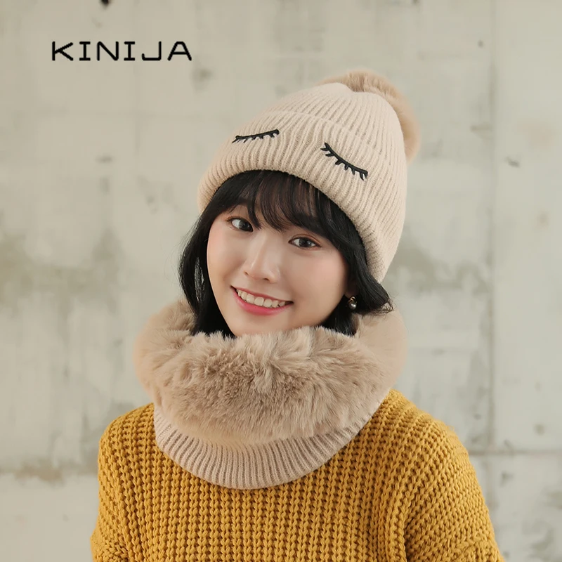 Зимние толстые связан из шерсти помпоны меха шапочка кролик Балаклава осень