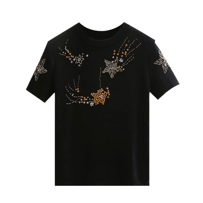 

Heavy Industry Beads Knitted T-shirt Women's 2020 Summer New Round Neck Diamond Short Sleeve Knitwear Top Female Tshirt Tee