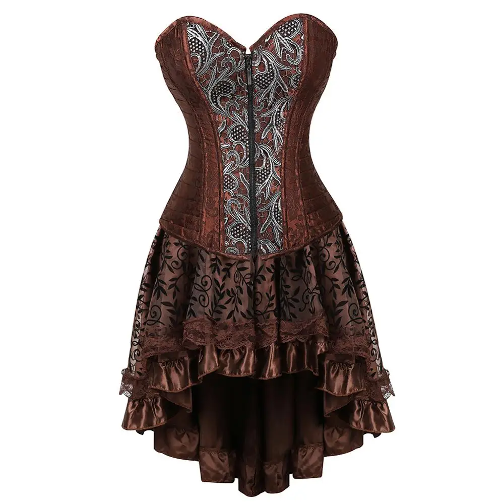 

Steampunk Corset Bustier Brocade Sexy Gothic Punk Zip Leather Corsets Dress with Skirt Burlesque Pirate Costume Plus Size