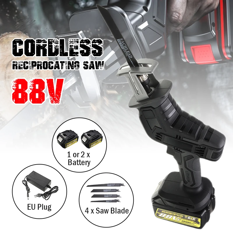 

88V Cordless Reciprocating Saw + 4 Saw Blades Metal Cutting Wood Tool Portable Woodworking Cutters Saw with 1/2 Batterys Charge