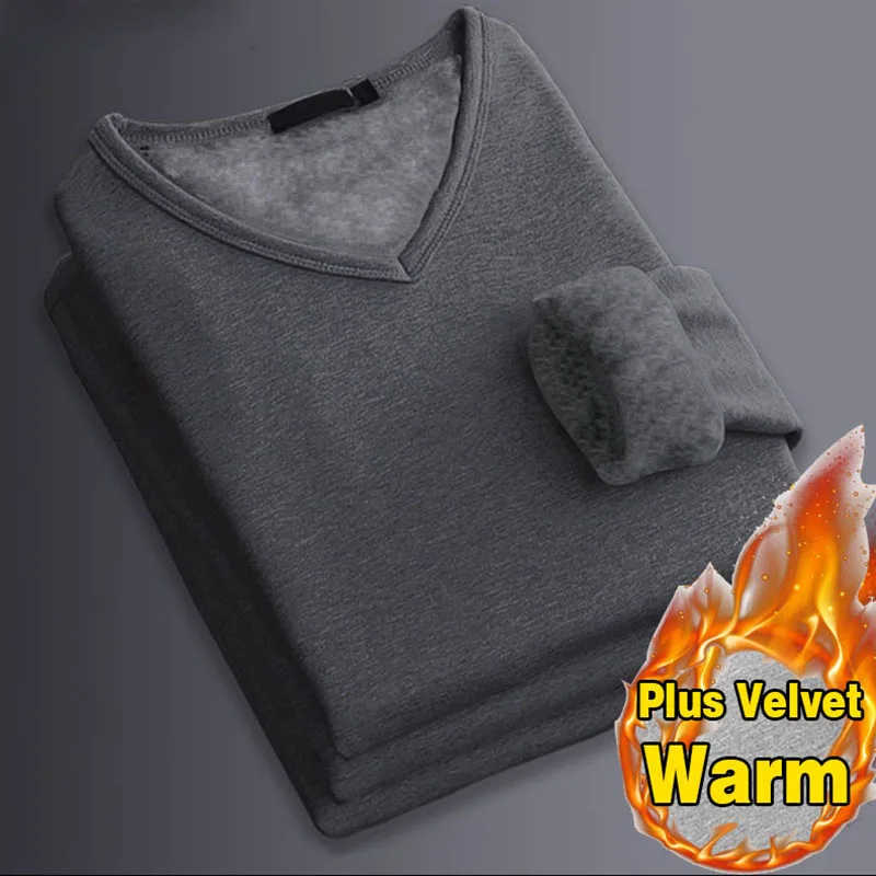 Autumn Winter Plus Velvet Thickening Mens Thermal Underwear Tops Long Sleeve Soft Warm T Shirt Casual V Neck Man Thermal Blouse