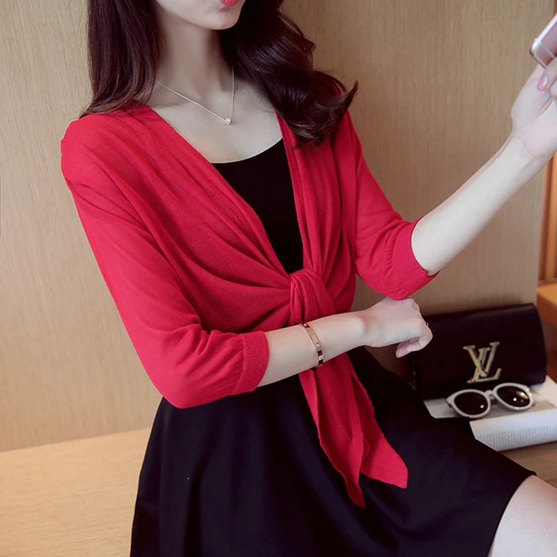 

Вязаный женский Однотонный свитер, тонкая верхняя одежда, короткий свитер, женский кардиган с рукавами, пальто, шаль с завязками на подоле, о...