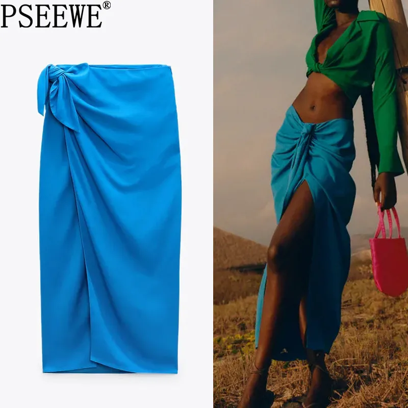 

PSEEWE 2021 Wrap Long Skirt Women Blue High Waist Pareo Skirt Woman Fashion Knot Midi Slit Skirt Vintage Elegant Summer Skirt