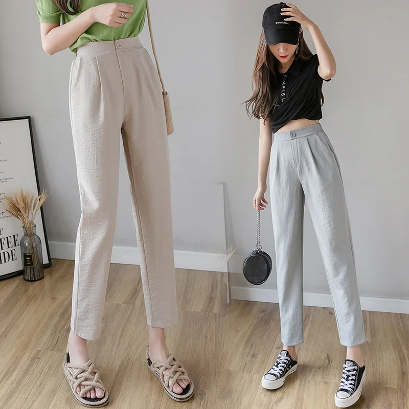 

Spring Summer Cotton Linen Leisure Solid Straight Pant Elastic Waist Harem Pencil Pockets Loose Trousers Streetwear