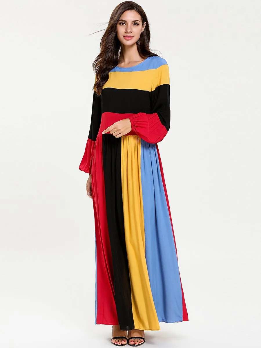 

2020 Spring Muslim Dress Women Multicolor A-line Big Swing Jubah Hijab Dresses Splice Turkey Kimono Islamic Clothing Plus Size