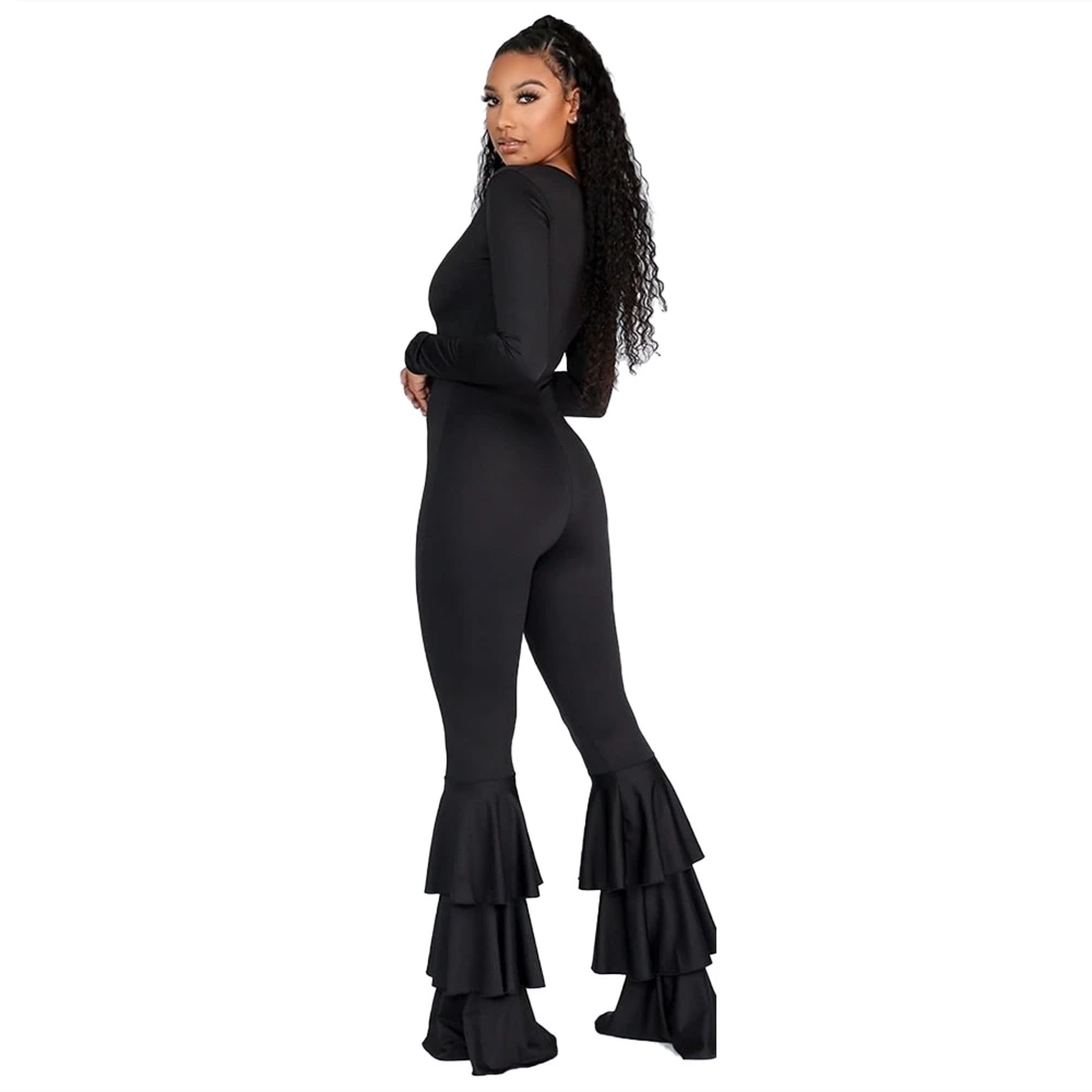 

Jumpsuits Ruffles For Women 2021 Fashion Long Sleeve Sexy V Neck Jump Suit Slim Body Romper Elegant Clothing Black Orange Khaki