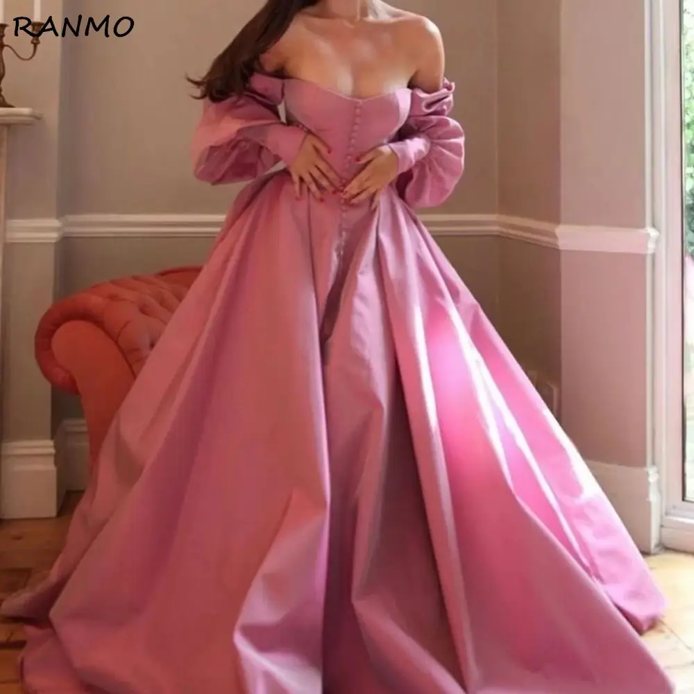 

Sexy Slit Satin Long Evening Dresses 2022 Women Formal Gowns Button Long Sleeves Prom Gowns For Party A-line Vestidos De Fiesta