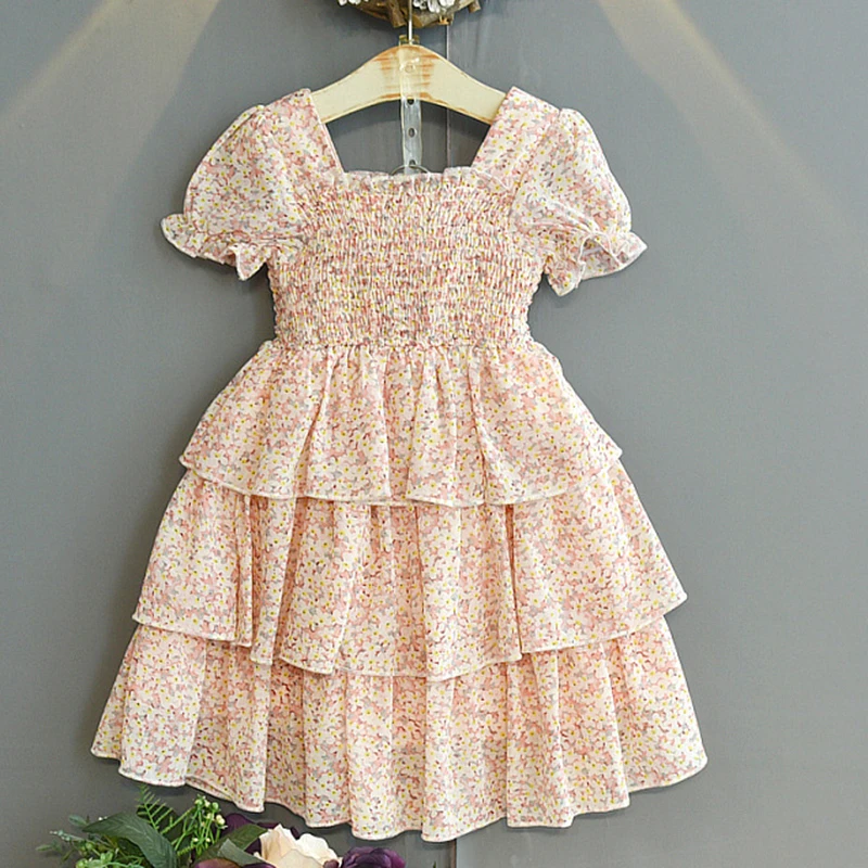 

Летнее шифоновое многослойное платье с цветочным рисунком для девочек, 2021