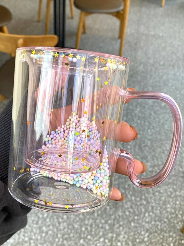 

250ml Japan and Korea Style Pink Girl Heart Double Quicks Glass Bubble Cup Heat Insulation Anti-scalding Beverage Juice Glass