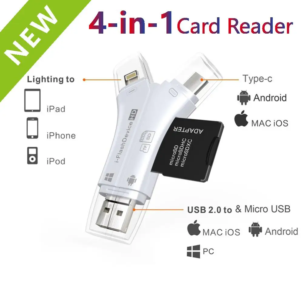 4в1 кардридер usb-C Micro USB MicroSD адаптер для Android ipad/iphone 7 8 X plus 6s5s Macbook OTG TF SD Y ридер |
