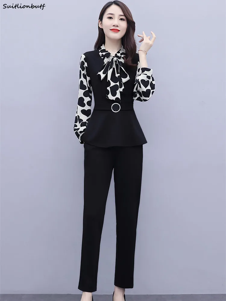 

Autumn Trouser Suits Bow Lace Heart Print Long Sleeve Splicing Top Elastic Waist Pencil Pant Clothing Sets 2021 OL 2 Pieces Set