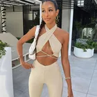 Женский однотонный трикотажный костюм Fantoye, женские костюмы топ с лямкой через шею и длинные облегающие брюки, повседневный спортивный костюм