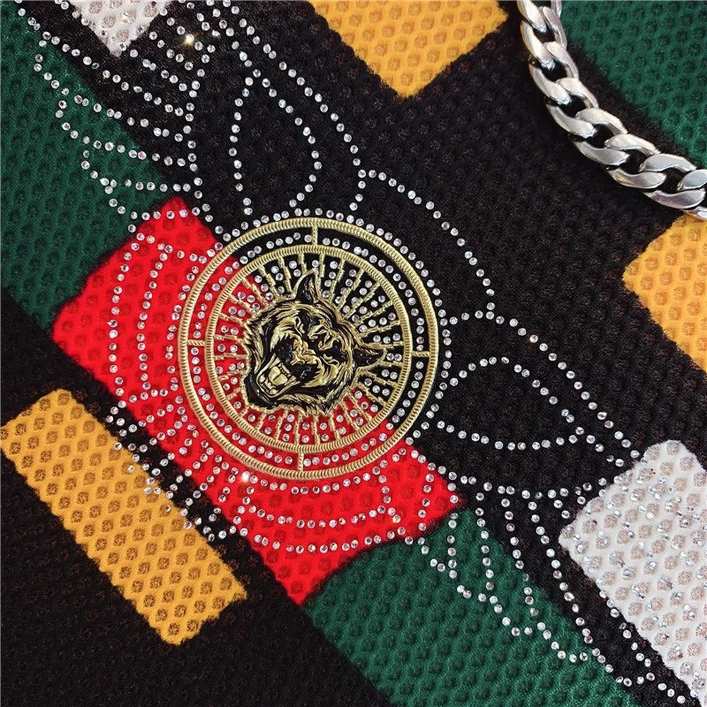 

Men Luxury Rhinestone Tshirt Summer Striped Short Sleeve Mens Breathable O-neck Tops Tees Casual T-Shirts Ice Silk Male Clothing