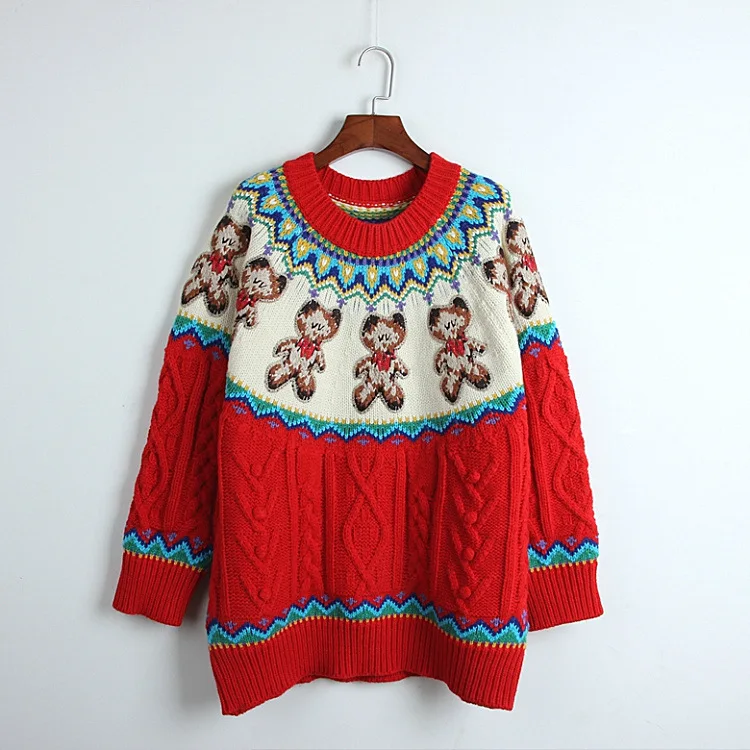 Autumn/Winter Thick Sweater Hook High Quality Christmas Cartoon Teddy Bear O-Neck Long Sleeve Red Pullover Sweater Cute Sweater