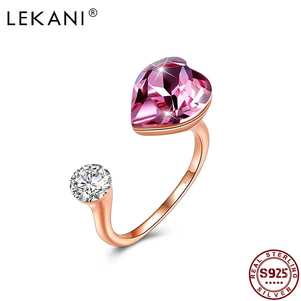 

LEKANI S925 Sterling Silver Ring Romantic Heart Opening Adjustable Luxury Austria Crystal Ring Hot Selling Wedding Fine Jewelry