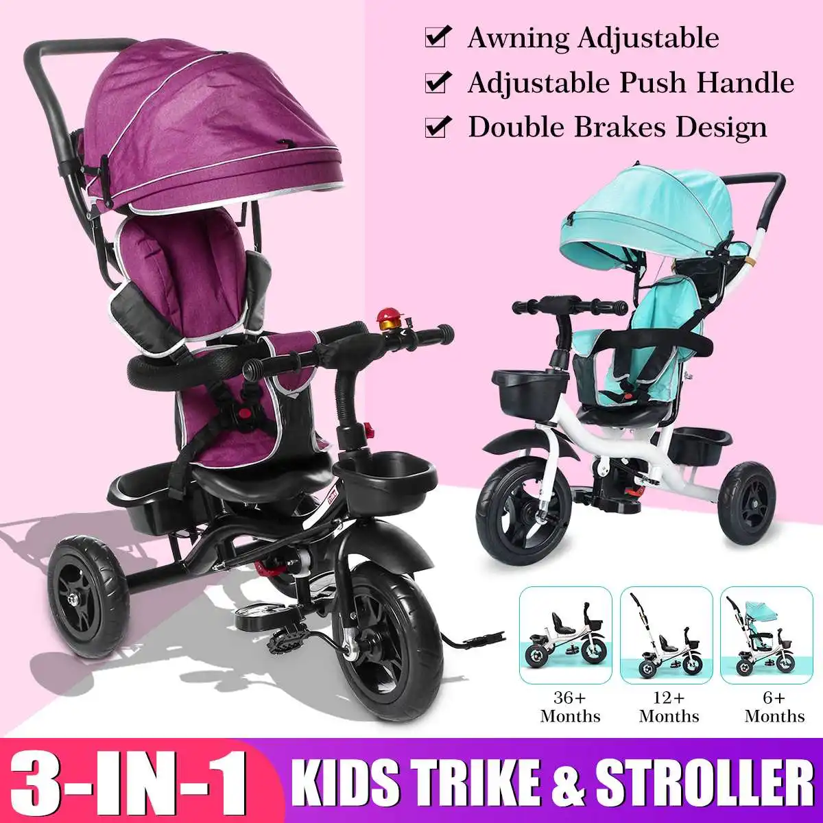 3-in-1 Baby Trolley Baby Stroller Lightweight Baby Tricycle with Adjustable Push Handle Removable Canopy For Children
