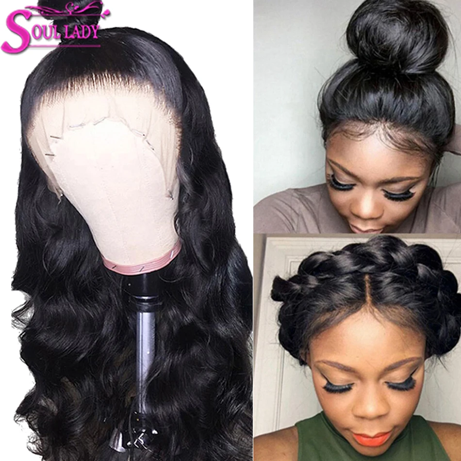 Soul Lady Glueless 360 фронтальный парик шнурка предварительно сорвал с волосами младенца Remy человеческих волос парики бразильские 360 Кружева тела волна фронтальный парик