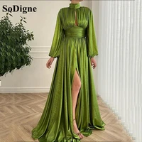 sodigne green modest formal evening dress high neck long sleeve prom gowns for women sexy split party wear 2021