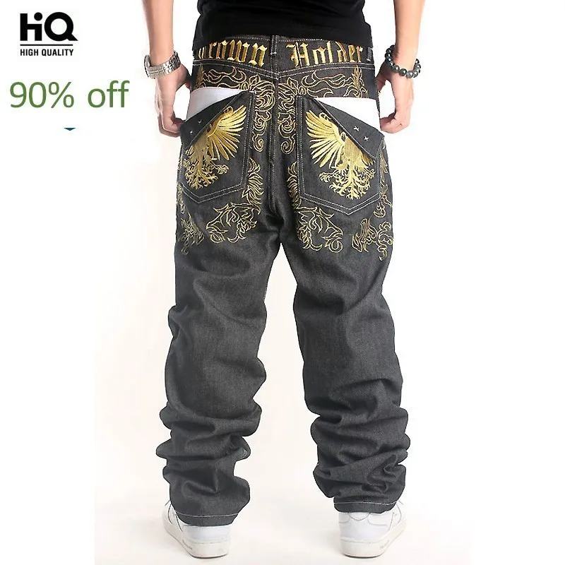 Harajuka модные длинные прямые свободные мужские джинсовые штаны с вышивкой в стиле