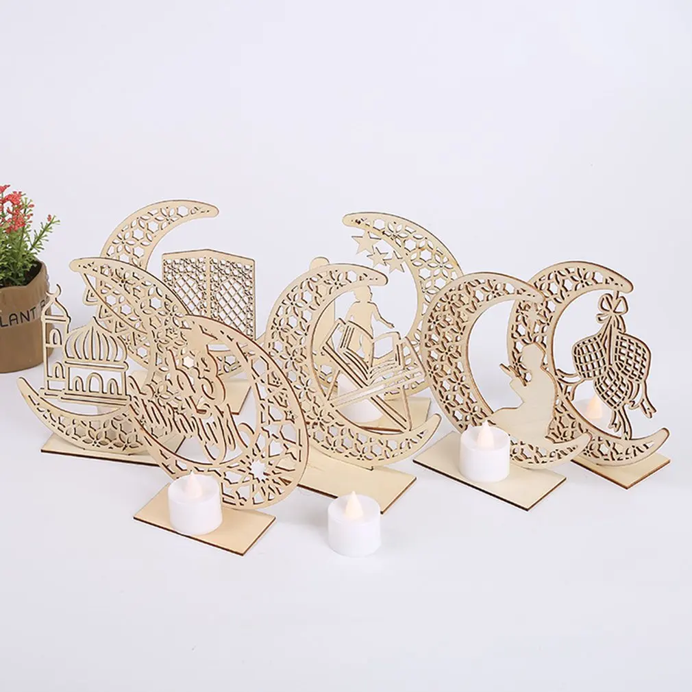 

EID Mubarak Wooden Pendant with LED Candles Light Ramadan Decorations For Home Islamic Muslim Party Eid Decor Kareem Ramadan