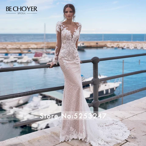 Wedding Dress Long Sleeve Lace Mermaid Appliques Beaded Backless Vestido De Noiva 2021 Light Princess BECHOYER N162 Bride Gown