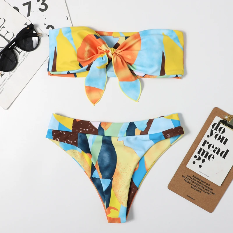 

Newest brazilian high waist bikini 2021 Bandeau knot swimsuit Color Block print swimwear women Sexy push bathing suit Beachwear