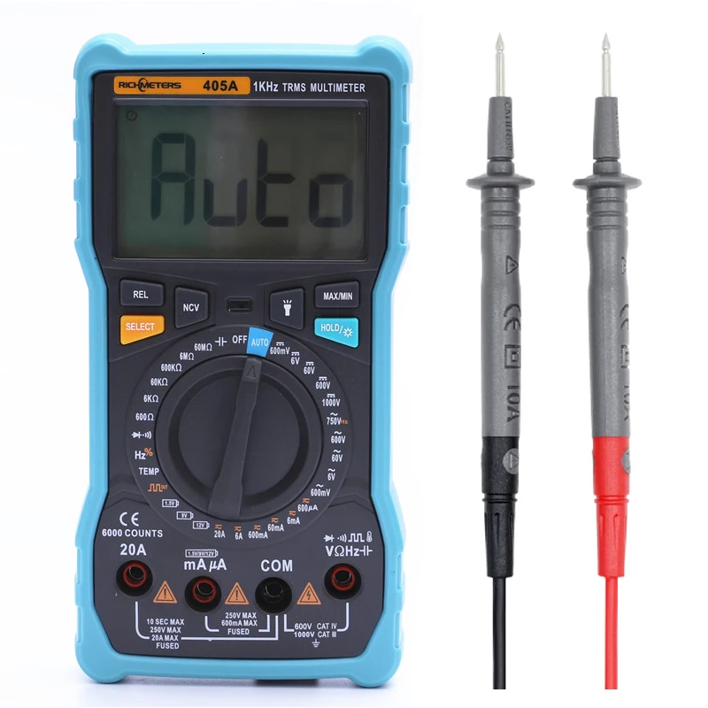 RICHMETERS 20A Big Digital Multimeter 8000 Counts Black Screen NCV AC/DC Voltage Current Ohm Temperature RM405A