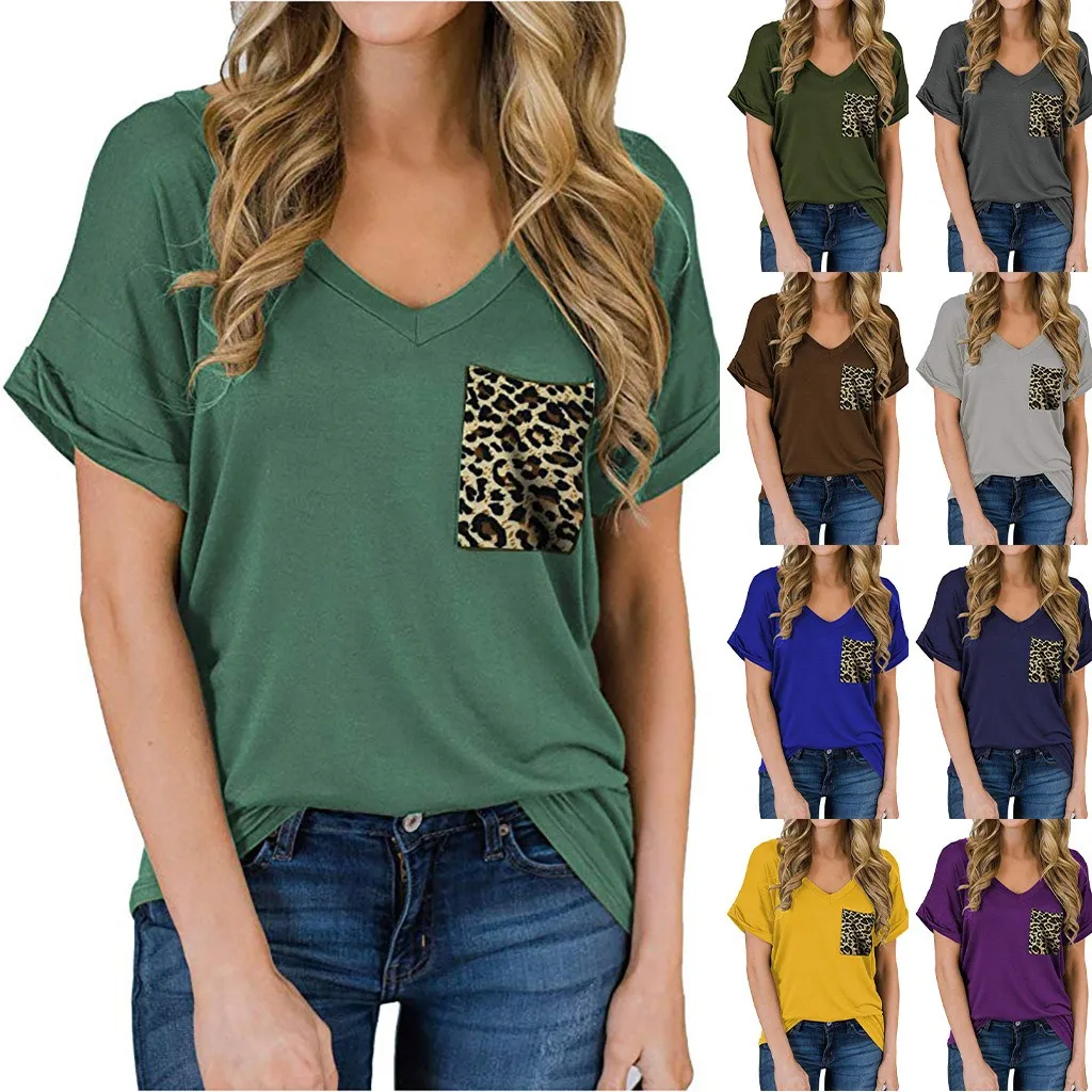 

T Shirt Women Fashion Casual V-neck Pocket Ruffled Solid Color T-Shirts Summer Loose Lady Tshirt Chemise Femme Tops Mujer #618