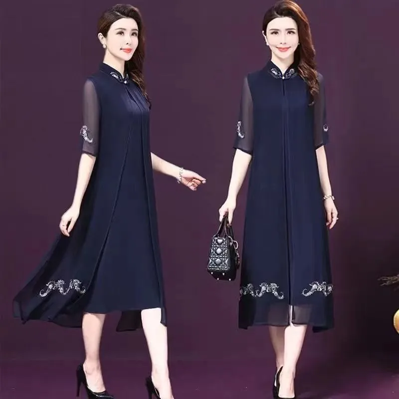 2021 Spring Summer Round Collar Embroidery Xxxl Women Dress New Style Simple Elegant Temperament Mother Female Two Piece Dresses | Женская