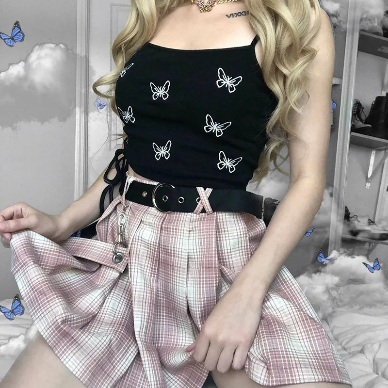 

2021 Strap Drawstring Top Goth Dark Grunge Gothic Women Camisole Harajuku Butterfly Embroidered Ring Cropped Top streetwear