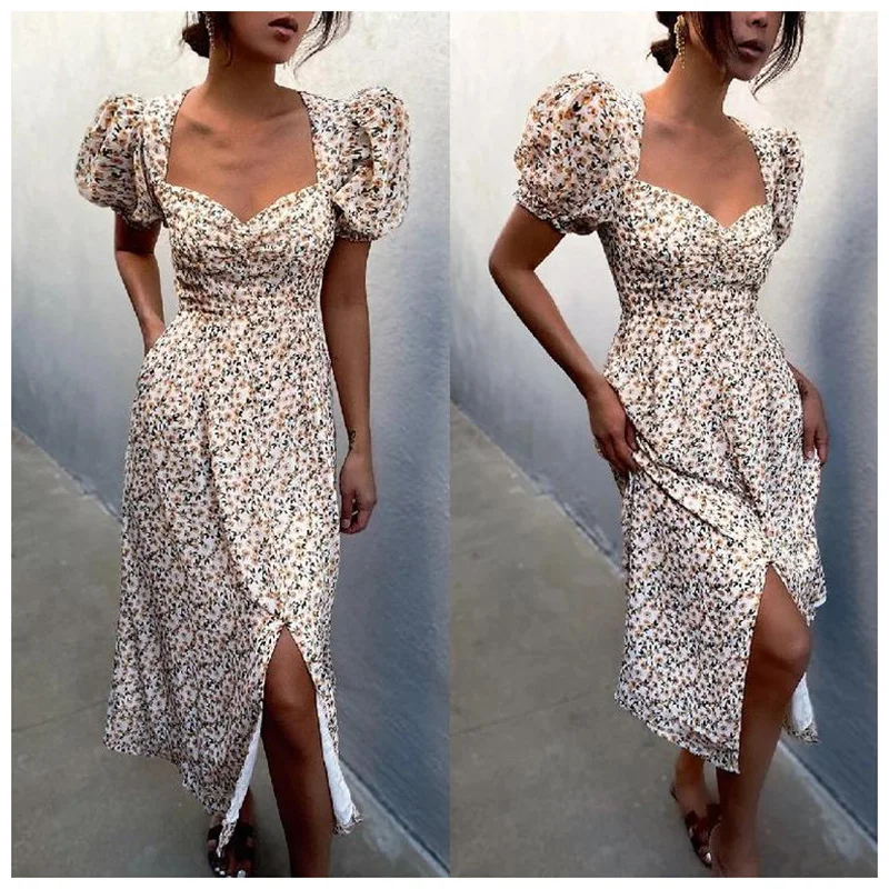 

Puff Short Sleeve Midi Dress Summer Bohemian Floral Print Split Dress Women V-Neck Vintage Party Dress Y2K Casual Femme Robe