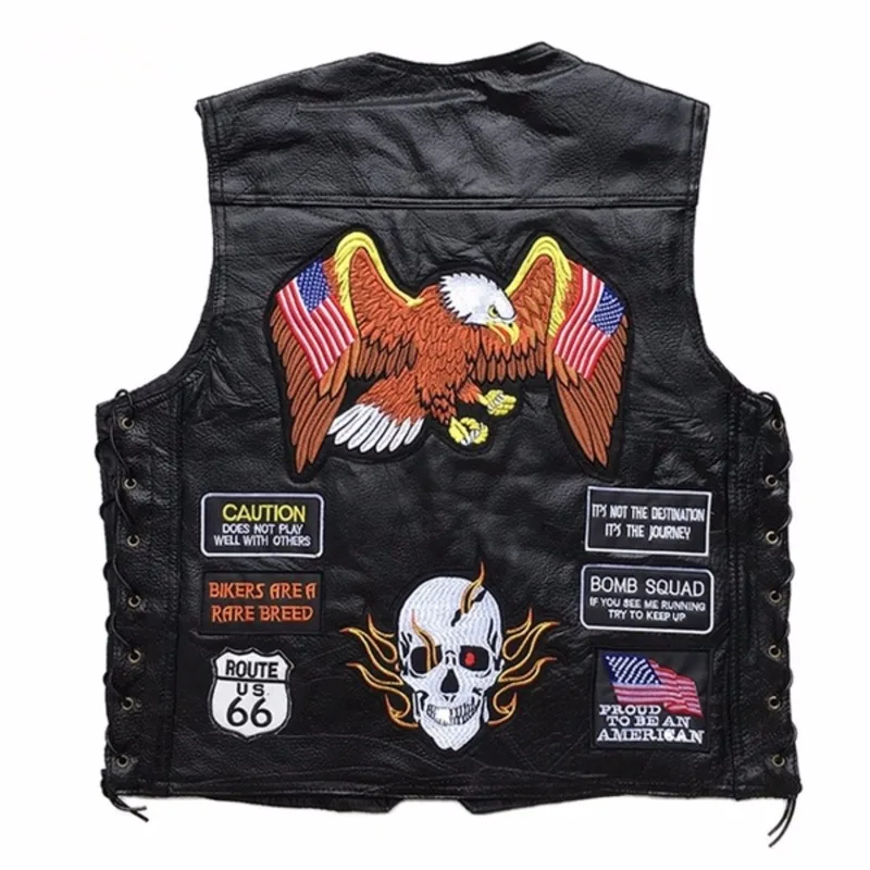 

Men Vest Sheep Real Leather Embroidery Patch Motorcycle Man Clothes Fashion Punk Sleeveless Jacket Clothing Plus Size Waistcoat