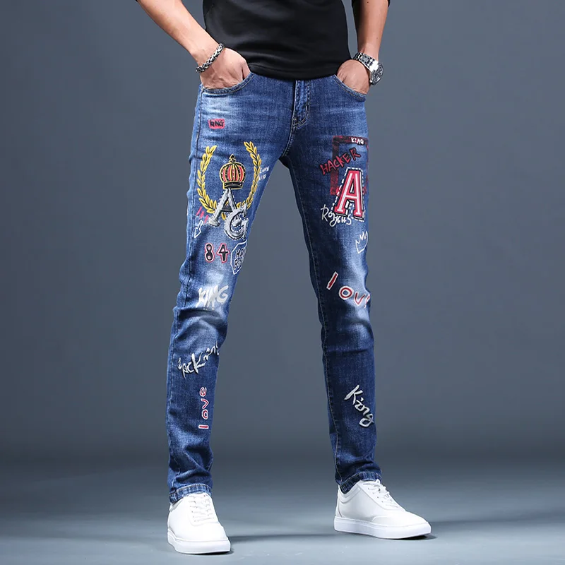 Mens Fashion Printed Blue Jeans Men Summer Regular Straight Denim Pants Hip Hop Streetwear Casual Trousers