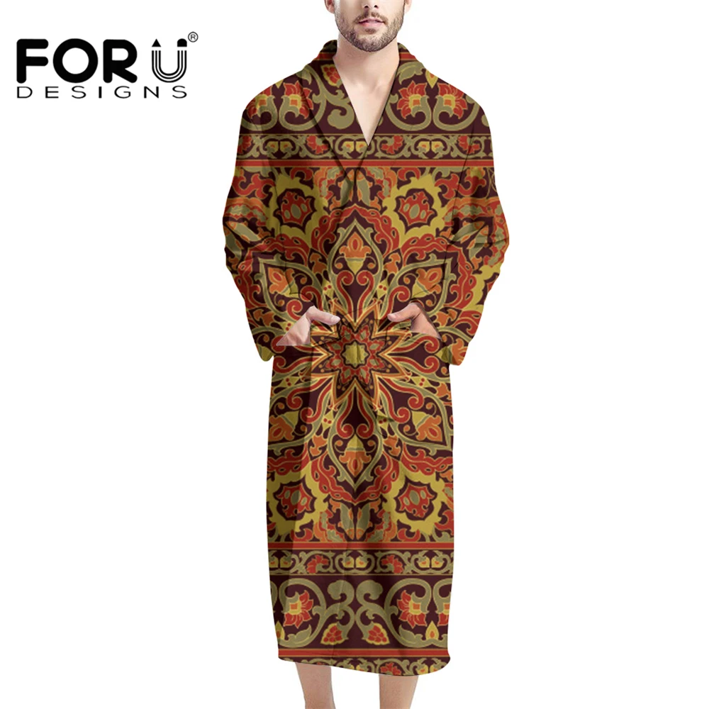 

FORUDESIGNS Retro Persian Mandala Style Men Kimono Bathrobe Gown V-Neck Nightgown Shawl Collar Robe Night Gown Leisure Homewear