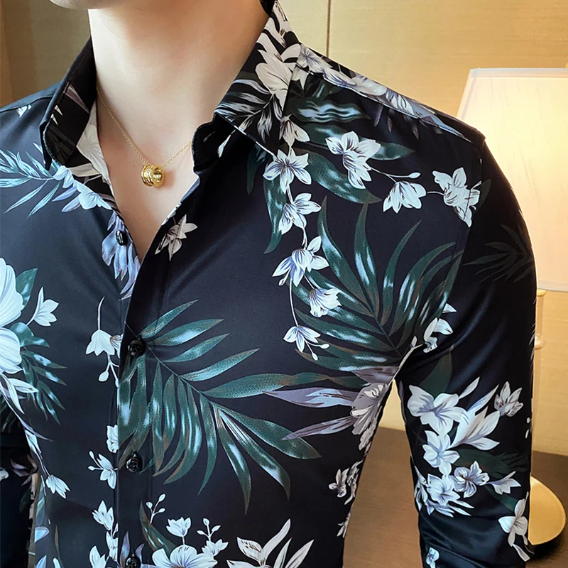 

Loldeal Shirt Men Long Sleeve Soft Polyester British Style Slim Floral Batik