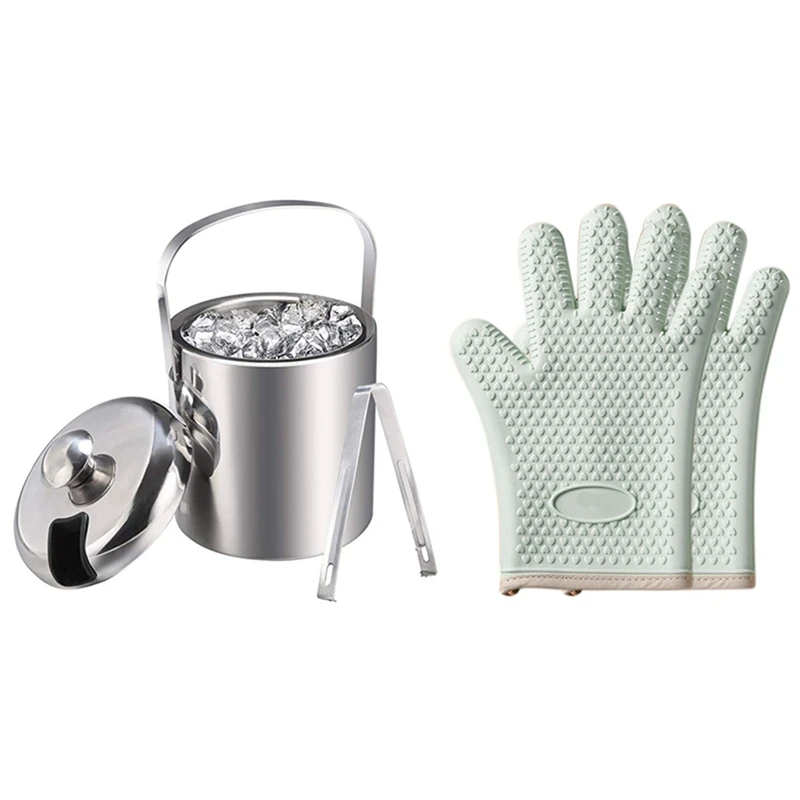 

1 Набор, ведра для льда с щипцами, ведро для льда с двойной стенкой и 1 шт. кухонных силиконовых теплоизоляционных перчаток