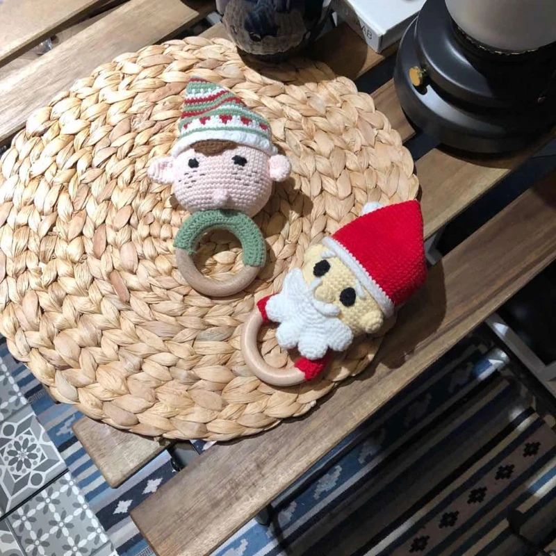 

Crochet Wooden Ring Baby Teether Cute Santa Claus Rattle Soother Christmas Toy