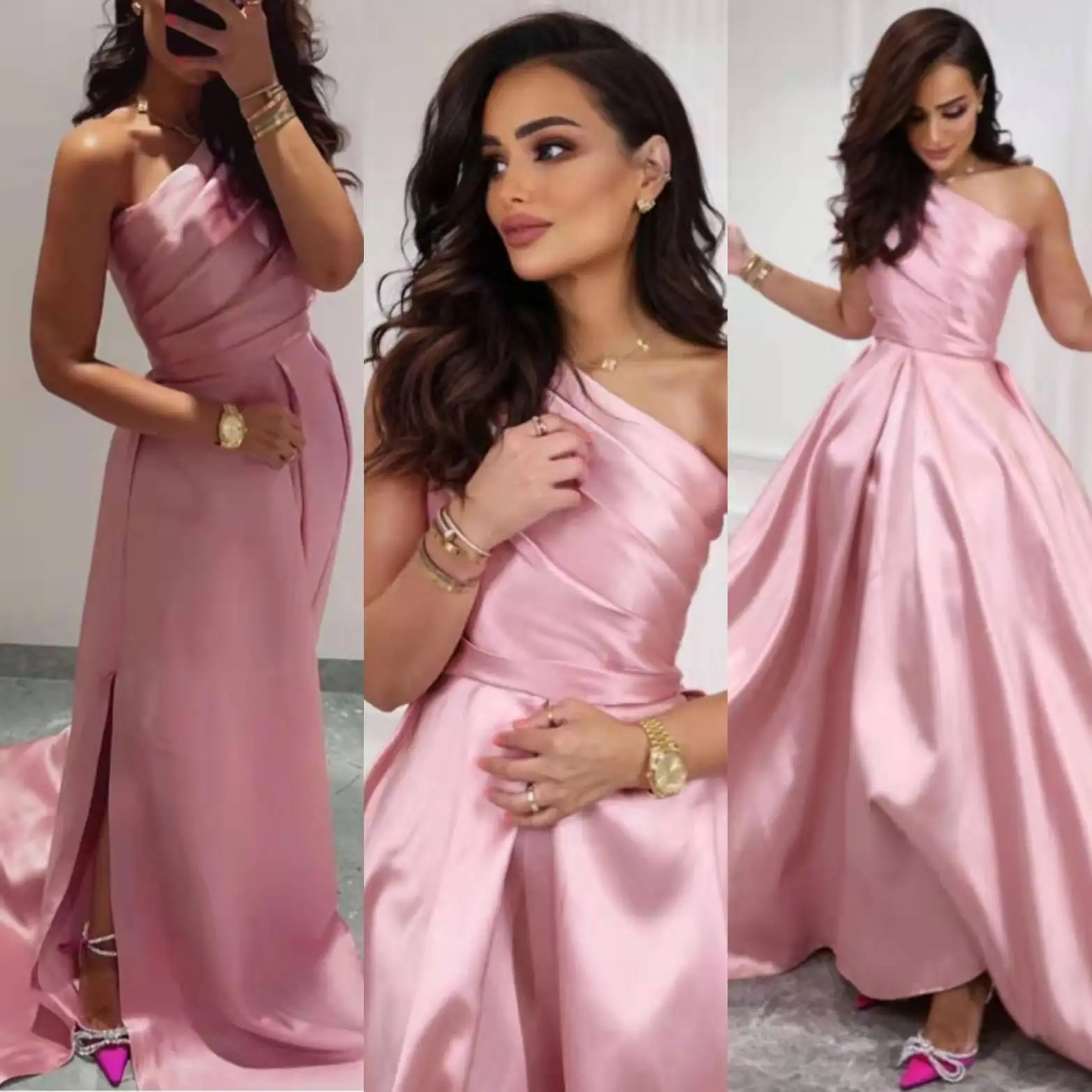 

Женское винтажное вечернее платье с юбкой-годе, розовое длинное Плиссированное атласное платье с одним открытым плечом и Боковым Разрезом, со шлейфом