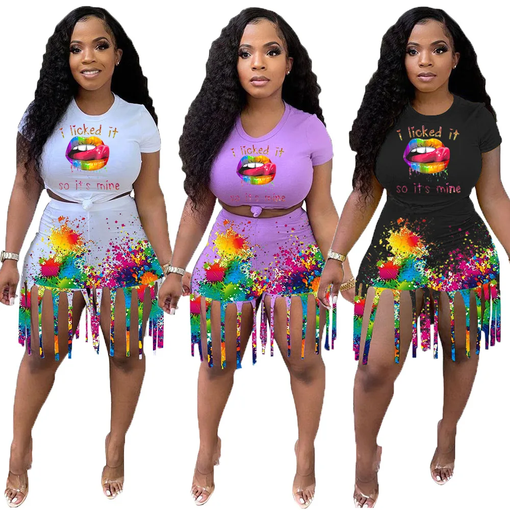 

Summer Two Piece Set Women Fashion Lips Splash Ink Printing Tshirt Tassel Shorts Suit Casual Two Piece Set Women