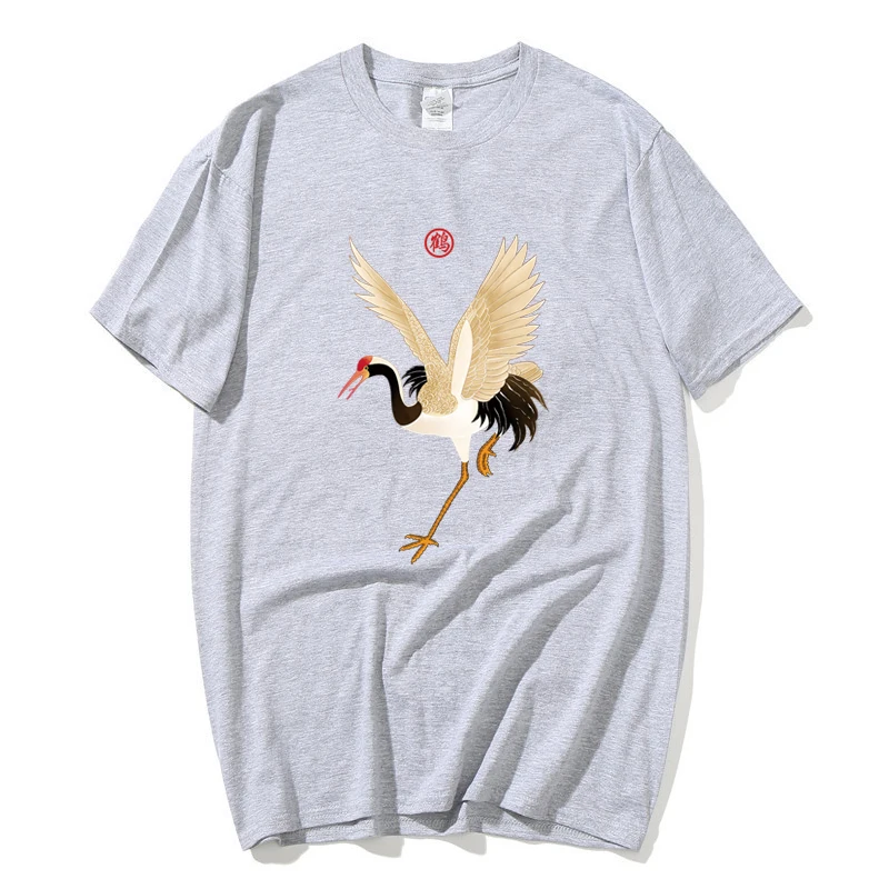 

Chinese style Harajuku short-sleeved high quality Original Crane print cotton men's tshirt Casual Oversize hip hop tshirt men