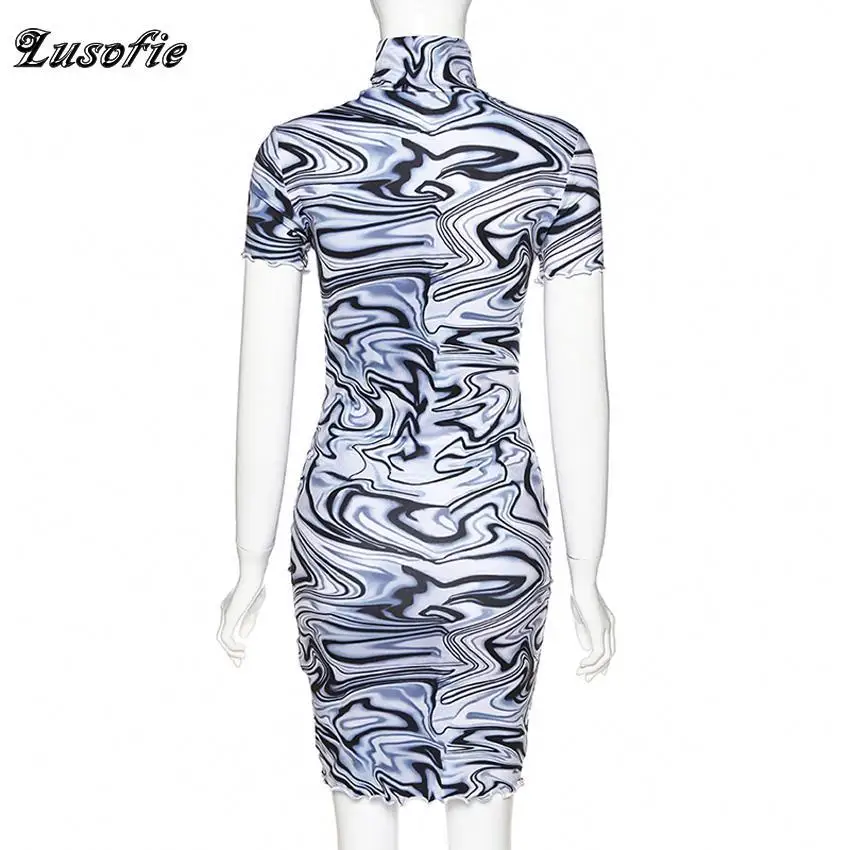 Сексуальное черное платье Lusofie в полоску с высоким воротником и коротким рукавом