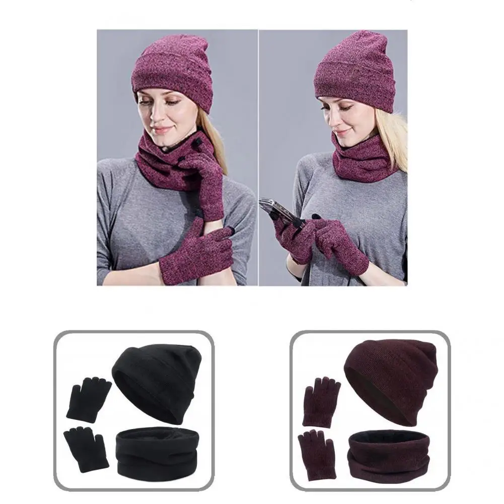 

1 Set Stylish Beanie Hat Gloves Scarf Adult Cap Gloves Scarf Touch Screen Soft Pure Color Hat Scarf Elastic Opening Gloves