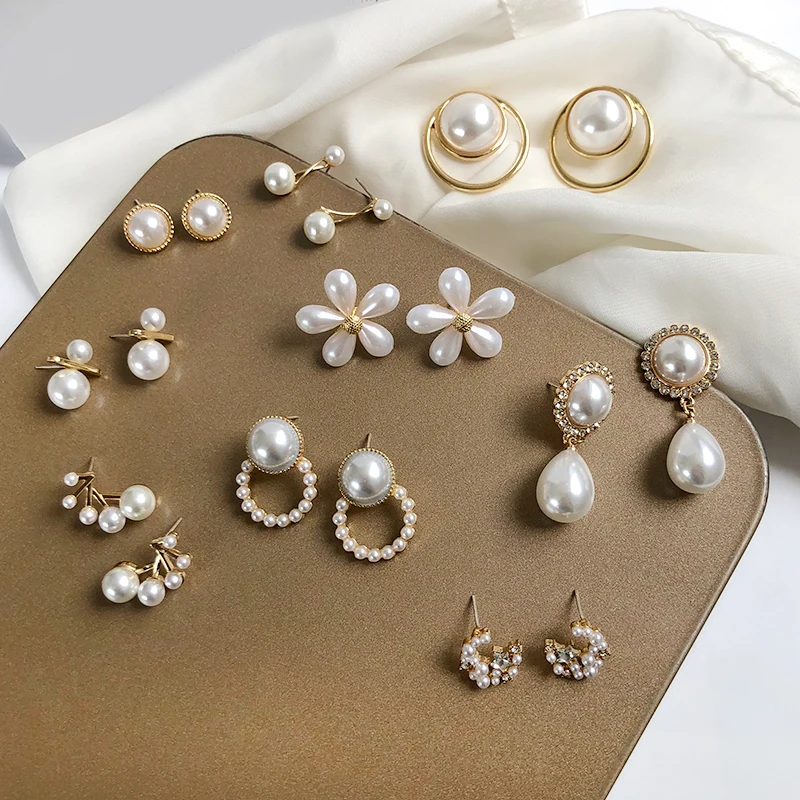

S925 needle Korea Design Stud Earrings Metal Geometric Irregular Circle Teardrop Simulated Pearl Earrings For Women Girl Gift