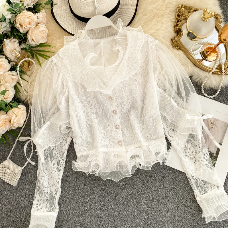 Весна 2020 новинка Женская газовая блузка с v образным вырезом и рукавами