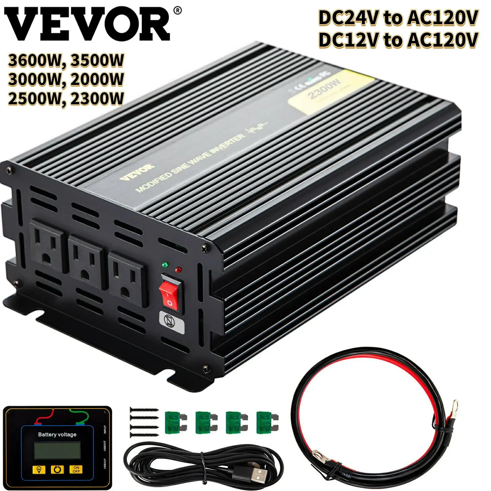 

VEVOR 2000W-3600W DC12V DC24V to AC120V Modified Sine Wave Power Inverter for Home Appliances Power Tools Blender Refrigerator