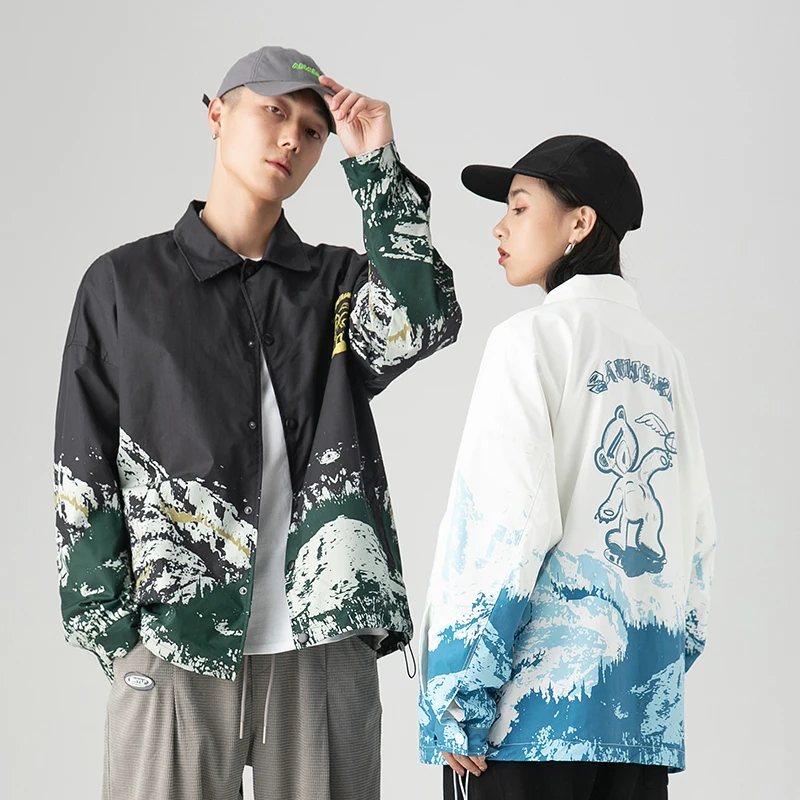 Мужская куртка в стиле хип-хоп уличная Харадзюку С мультяшным принтом снега и гор