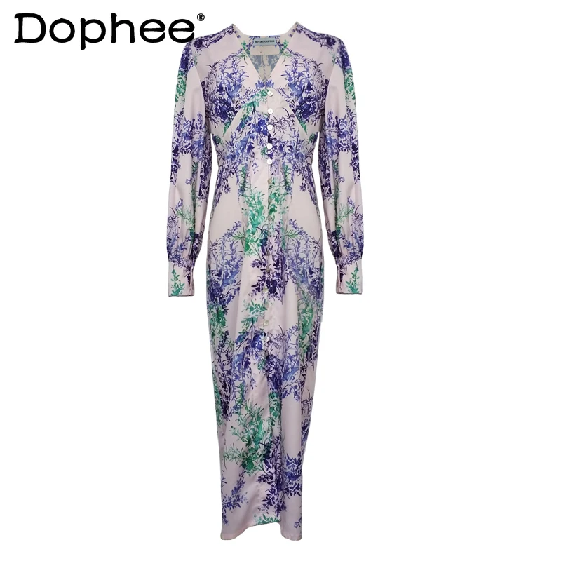 

French Style Retro V-neck Mid-length Dress Waist-Tight Romantic Chiffon Dress Women's Sexy Elegant Floral Vacation Dress