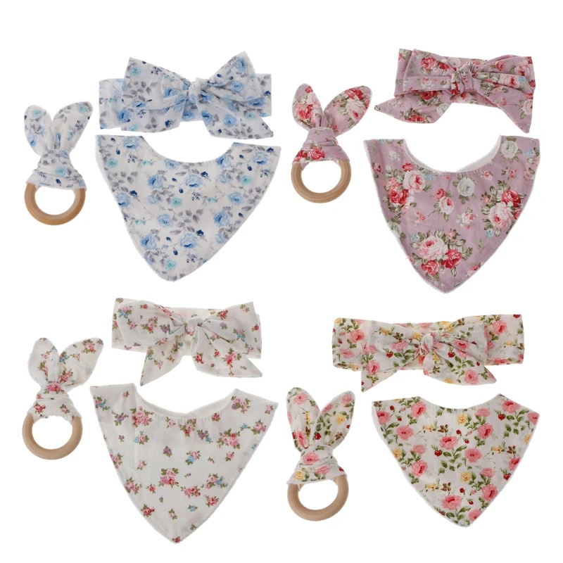 

3Pcs Baby Rabbit Ears Teether Cotton Bibs Headband Infant Saliva Towel Care Set 4 styles