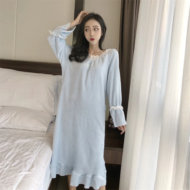 

Woman nightdress nightdress sweet and lovely flannel autumn and winter comfortable and warm coral fleece nightdress long SJ044